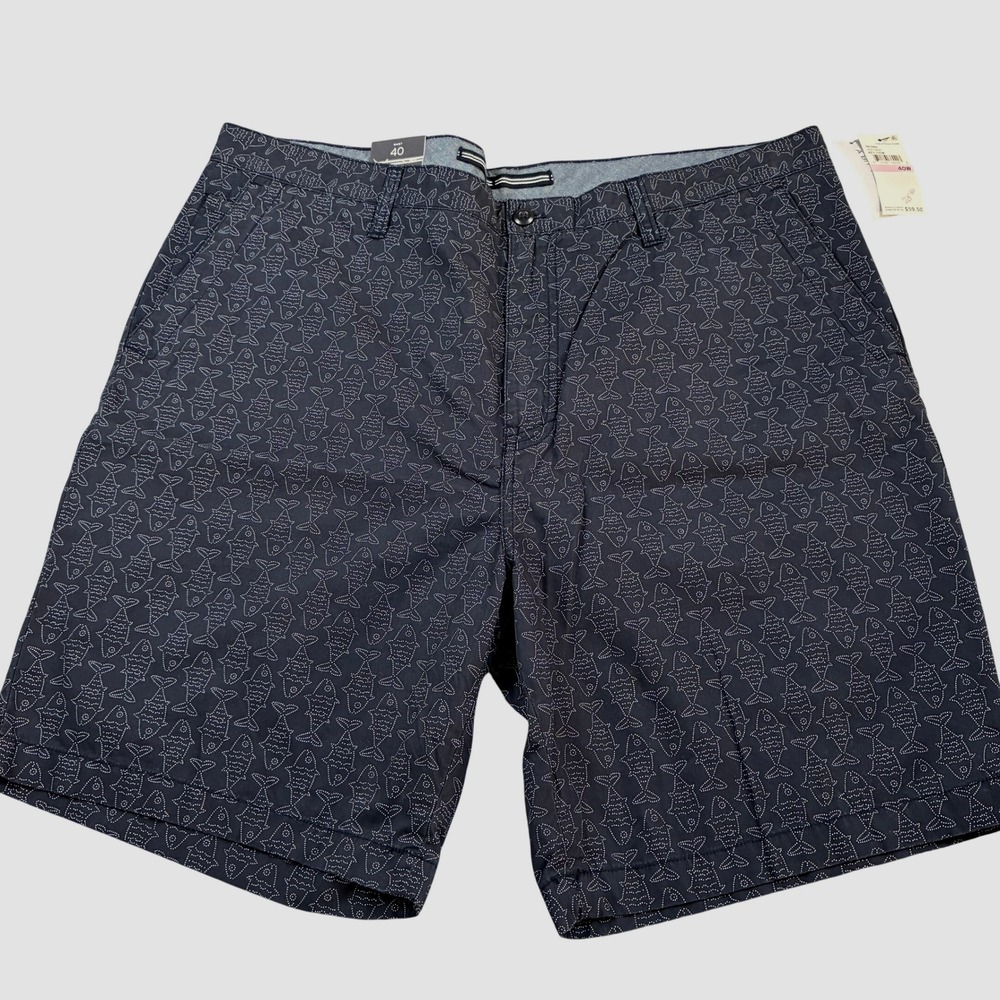 Nautica Mens Navy Blue Fish Print Flat Front Cotton Shorts Size 40 Trimmer Fit
